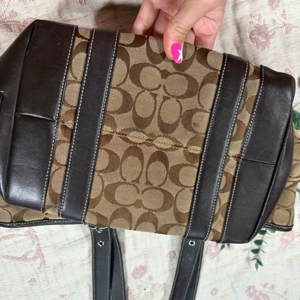 Y2K Coach Signature Jacquard Leather Trim Shoulder Bag Brown Tote C06S-6042 - Picture 3 of 7